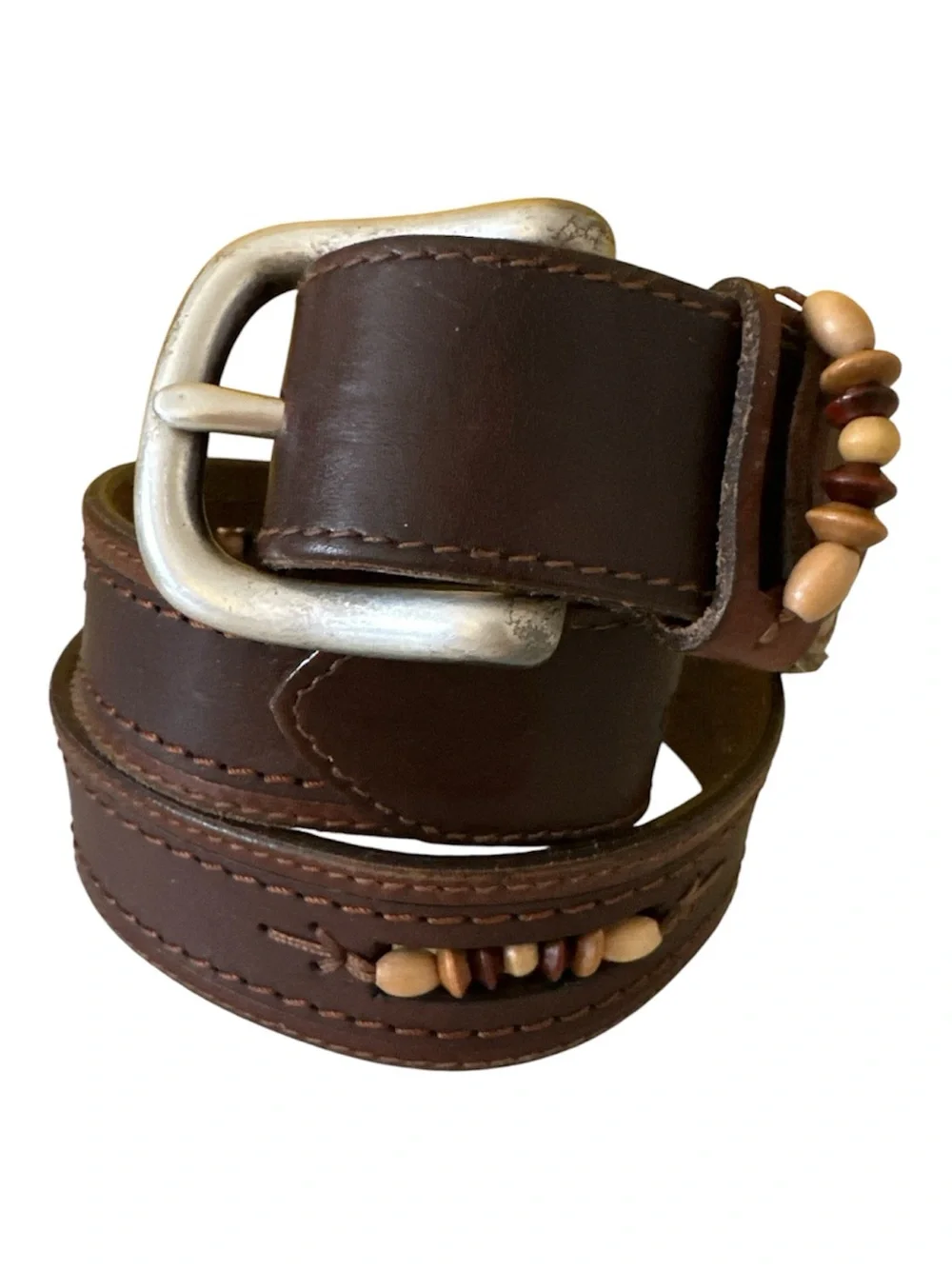 Vintage Solid Brass Buckle Men's Brown Leather Belt with Wooden Beads 32 in
